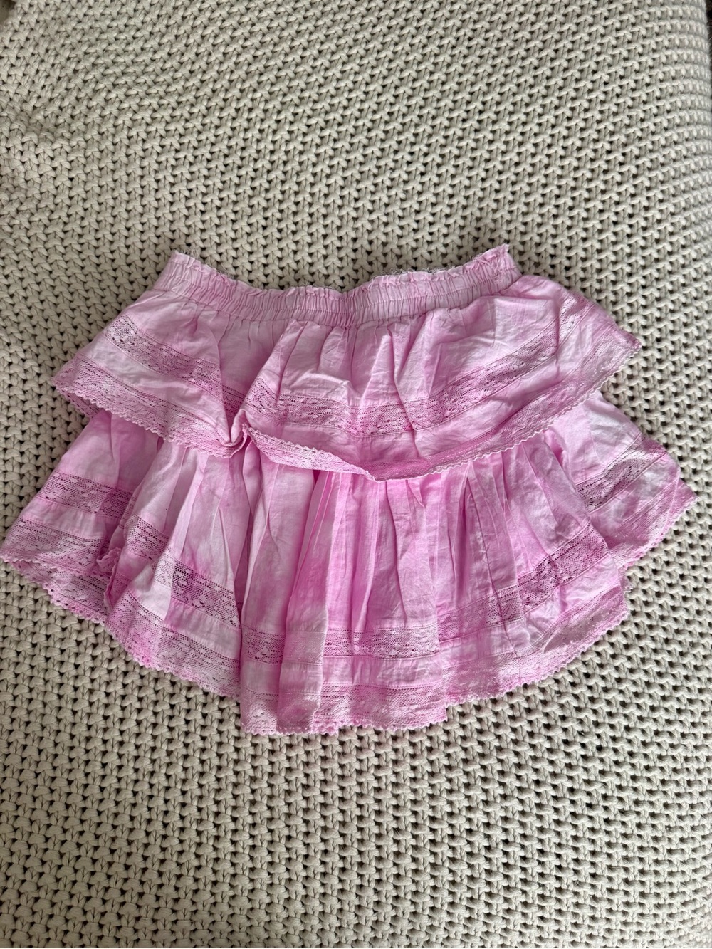 LoveShackFancy Pink tie dye ruffle mini skirt